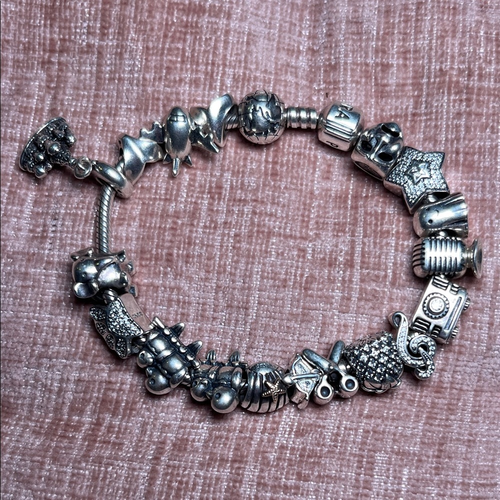 PANDORA STERLING SILVER 925 .925 BRACELET WITH 19 CHARMS BEADS! SOLID HEAVY